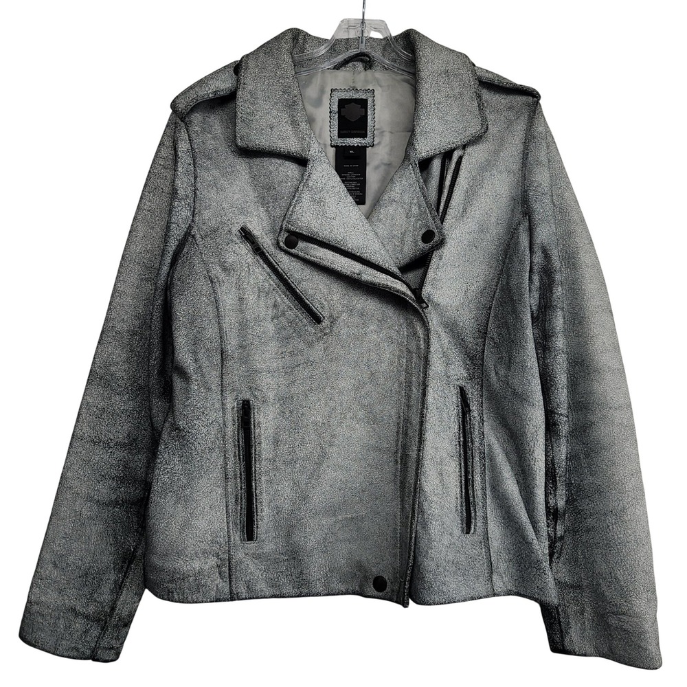 Harley-Davidson XL Silver Distressed Lambskin Leather Moto Biker Jacket Edgy